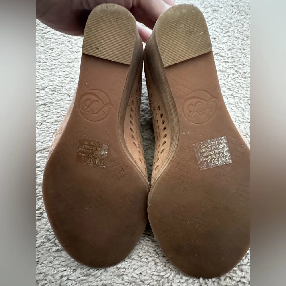 Lucky Brand Tan Wedge Ankle Boots with Peep Toe and Side Zipper